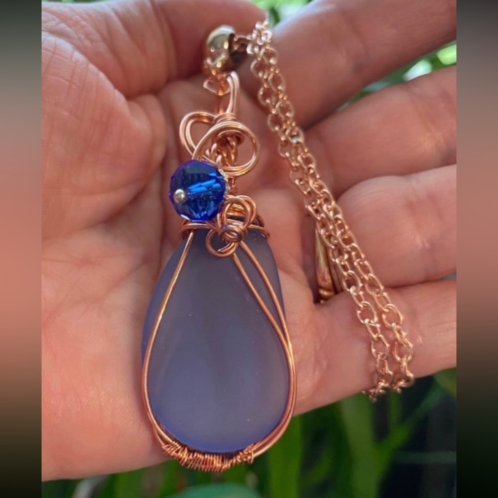 Handcrafted Copper Wire Wrapped Blue Sea Glass Pendant Necklace